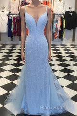 Custom Made Blue V Neck Mermaid Formal Prom Dresses, Mermaid Formal Dresses, Blue Formal Dresses