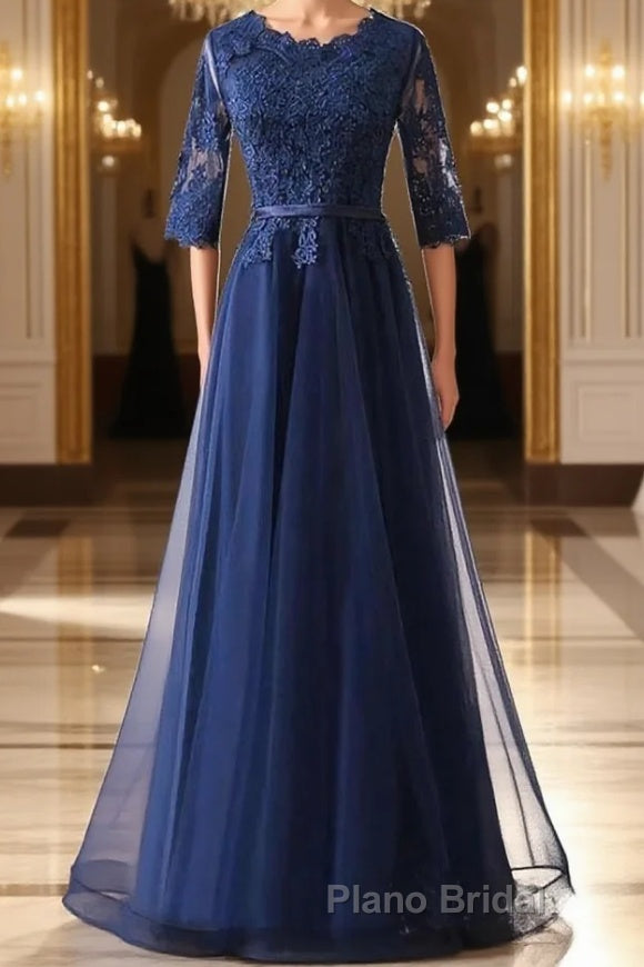 Custom Made Long Sleeves Navy Blue Lace Formal Prom Dress, Long Sleeves Lace Bridesmaid Dress, Long Sleeves Navy Blue Lace Formal Graduation Evening Dress Main image