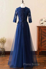 Custom Made Long Sleeves Navy Blue Lace Formal Prom Dress, Long Sleeves Lace Bridesmaid Dress, Long Sleeves Navy Blue Lace Formal Graduation Evening Dress