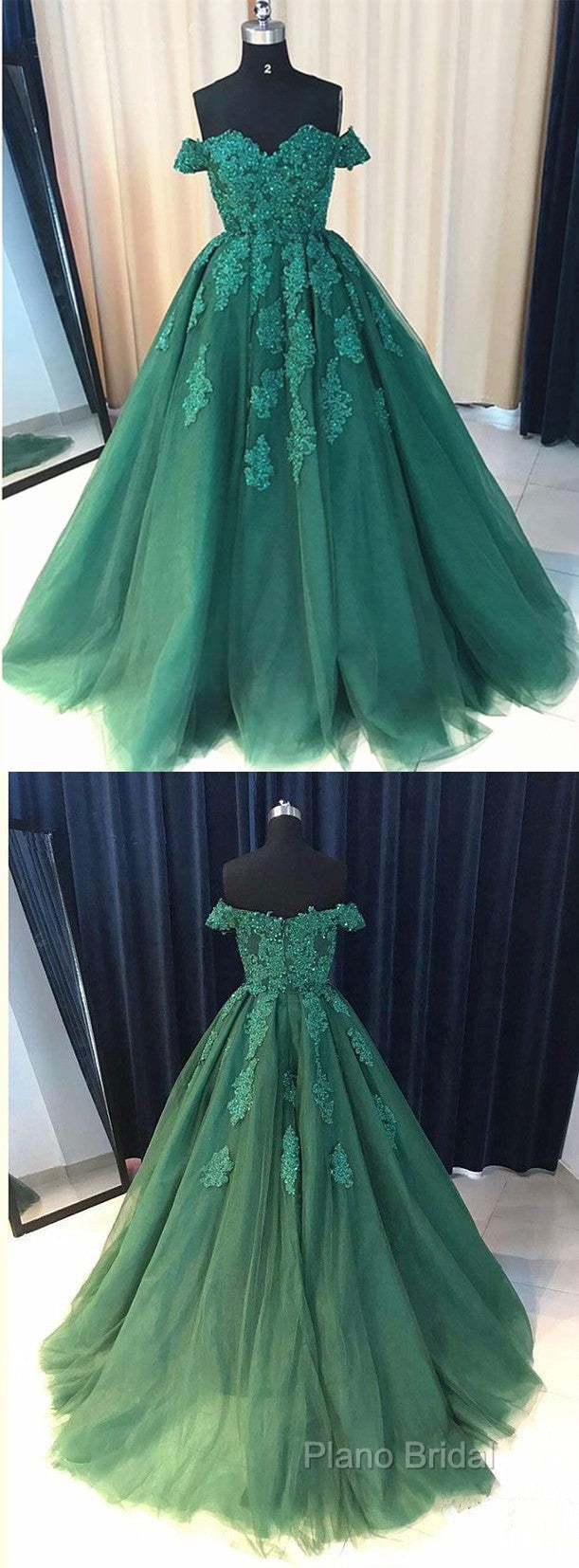 Custom Made Off Shoulder Emerald Green Lace Formal Prom Dresses, Green Formal Dresses, Lace Formal Prom Gown