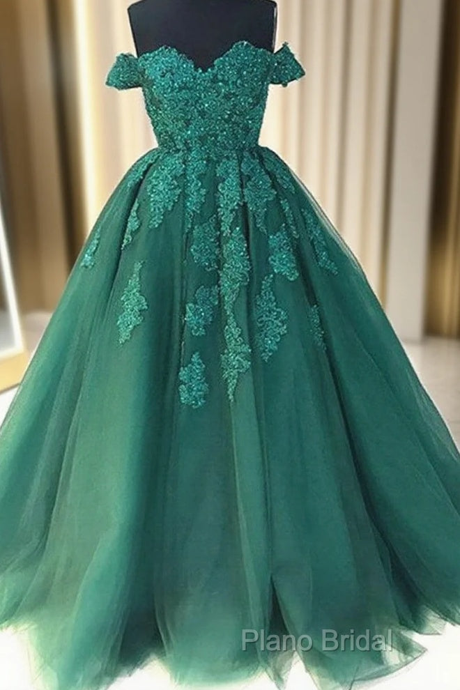 Custom Made Off Shoulder Emerald Green Lace Formal Prom Dresses, Green Formal Dresses, Lace Formal Prom Gown Main image