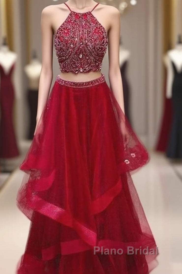 Custom Made Red Two Pieces Sequin Long Formal Prom Dresses, Evening Dresses Main image