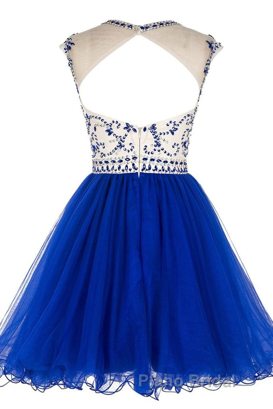 Custom Made Round Neck Cap Sleeves Beading Black Short Formal Prom Dresses Royal Blue Homecoming Dresses, Evening Dresses 2019
