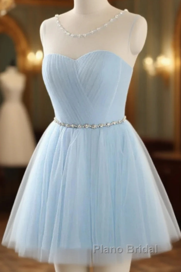 Custom Made Round Neck Short Blue Formal Prom Dresses, Short Blue Graduation Dresses, Homecoming Dresses, Blue Bridesmaid Dresses Main image