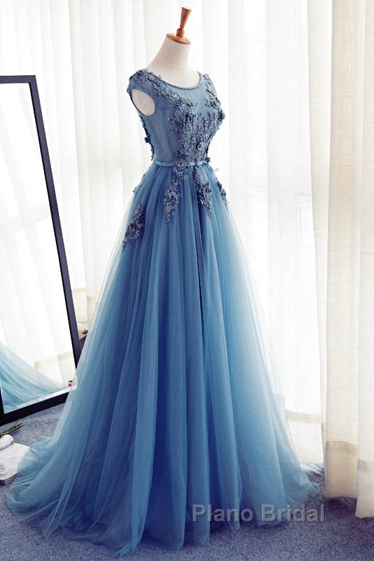 Custom Made Round Neck Sleeveless Lace Formal Prom Dresses, Blue Lace Formal Dresses Secondary image