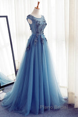 Custom Made Round Neck Sleeveless Lace Formal Prom Dresses, Blue Lace Formal Dresses