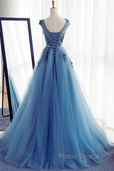 Custom Made Round Neck Sleeveless Lace Formal Prom Dresses, Blue Lace Formal Dresses