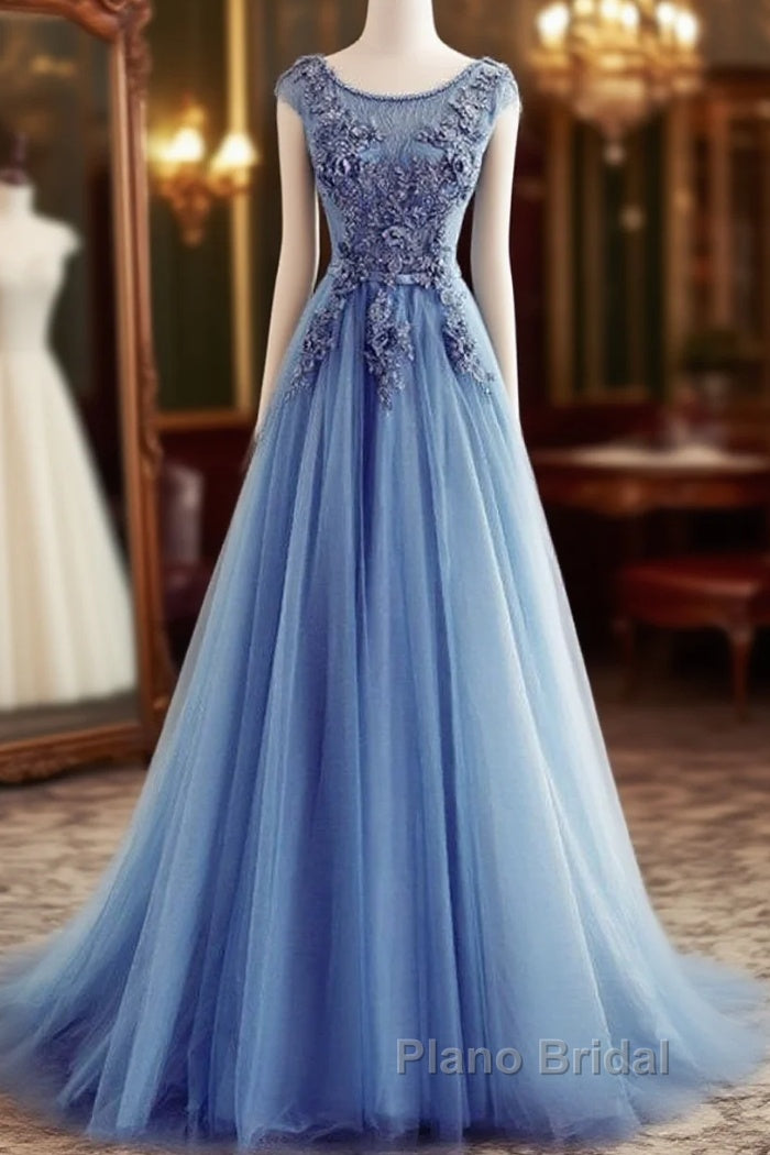 Custom Made Round Neck Sleeveless Lace Formal Prom Dresses, Blue Lace Formal Dresses Main image