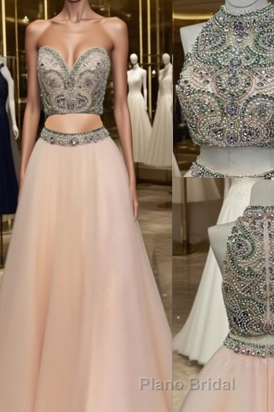 Custom Made Two Pieces High-Neck Beaded Pink Tulle Formal Prom Dresses, Pink Evening Dresses Main image