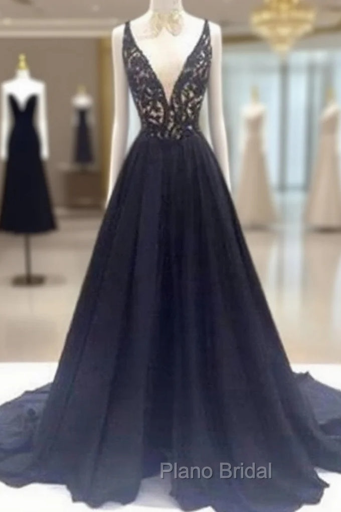 Custom Made V Neck Sweep Train Long Black Lace Formal Prom Dresses, Black Long Lace Formal Dresses
