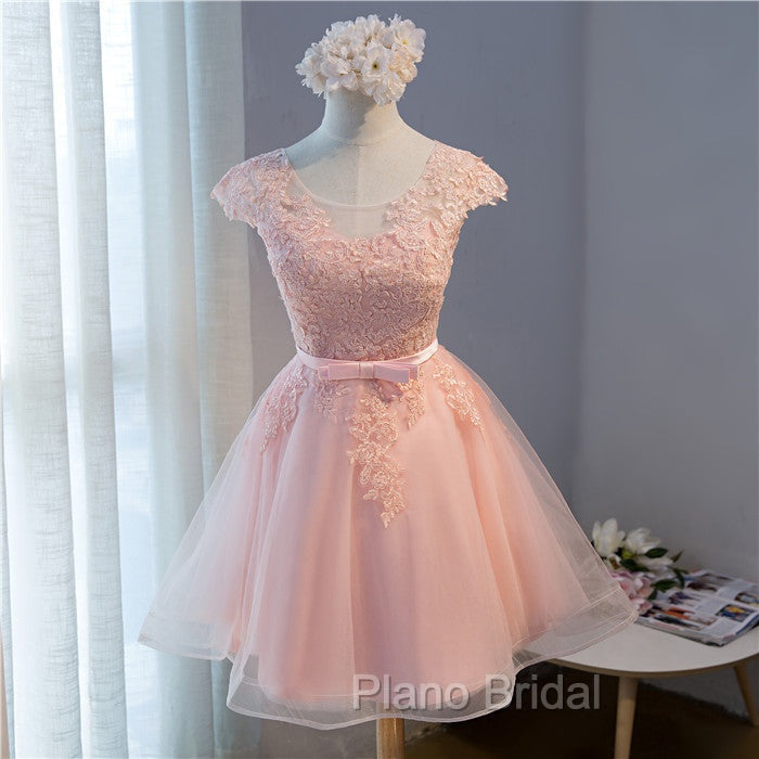 Custom Pink Lovely Cap Sleeves Knee Length Formal Dresses, Pink Tulle Formal Prom Dresses