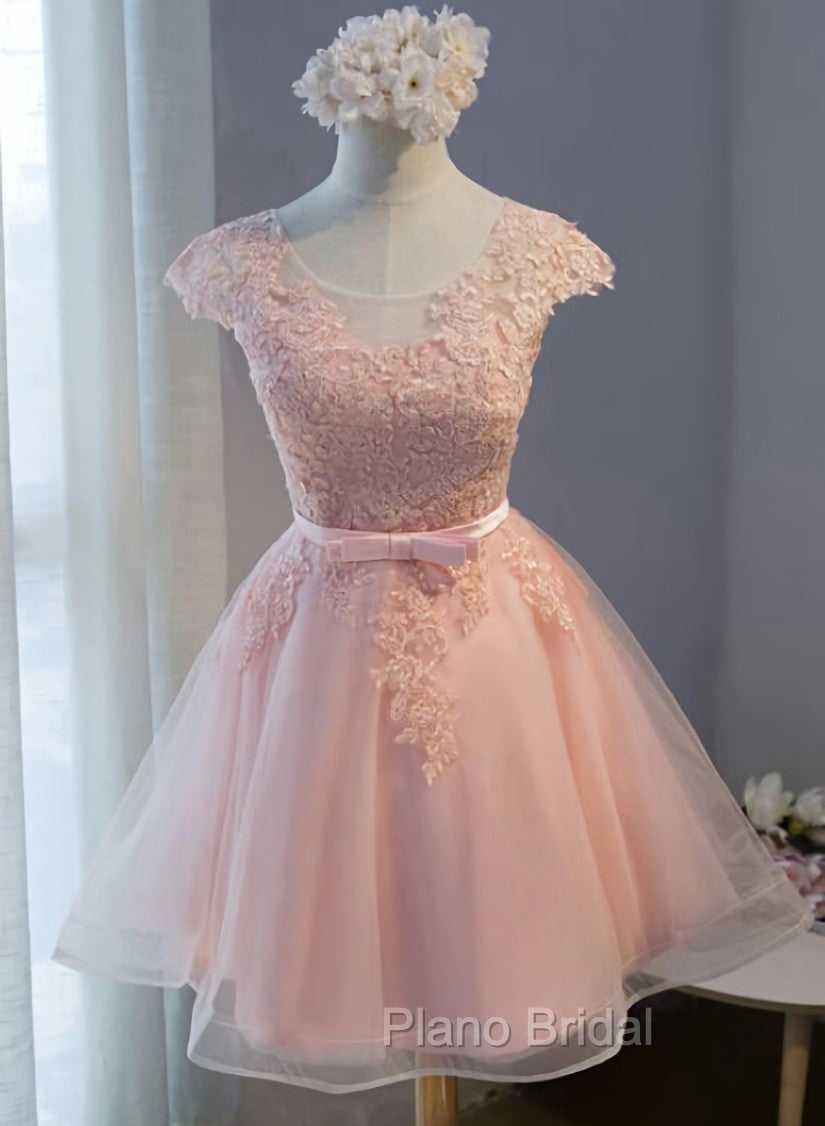 Custom Pink Lovely Cap Sleeves Knee Length Formal Dresses, Pink Tulle Formal Prom Dresses Main image