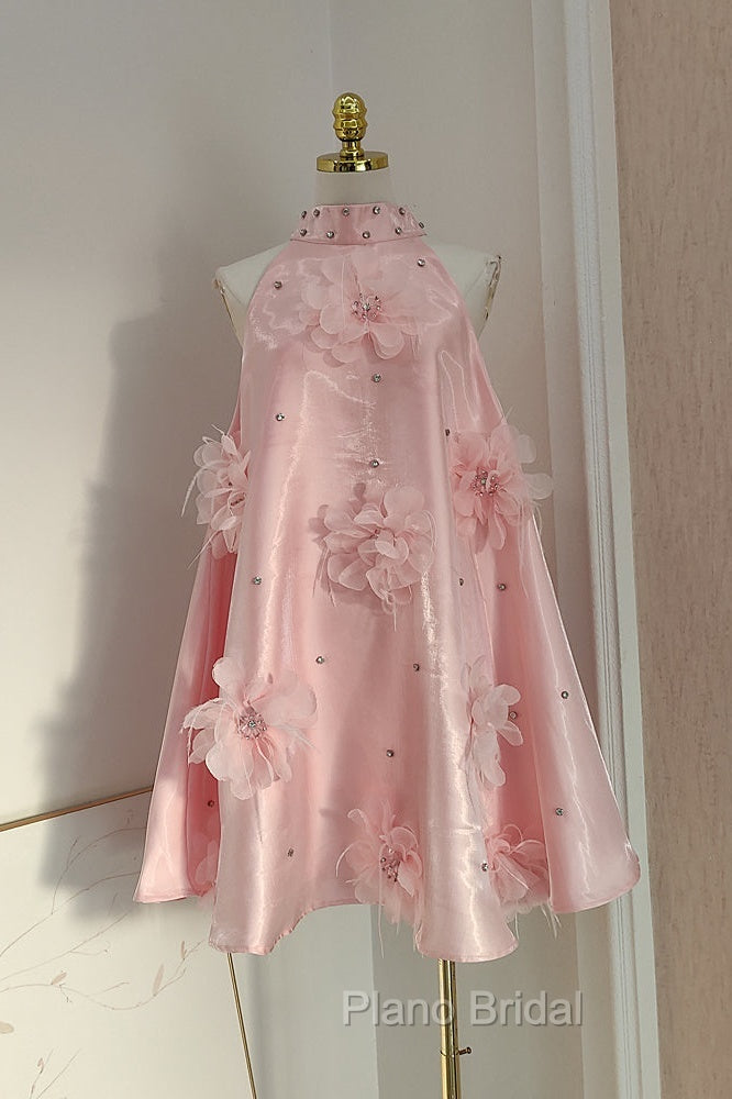 Cute A Line Halter Pink Travel Vacation Dresses Short Satin Birthday Dresses