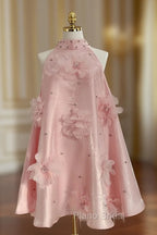 Cute A Line Halter Pink Travel Vacation Dresses Short Satin Birthday Dresses