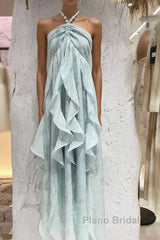 Cute A Line Halter Ruffled Floral Blue Summer Holiday Dresses WomenS Long Vacation Dresses