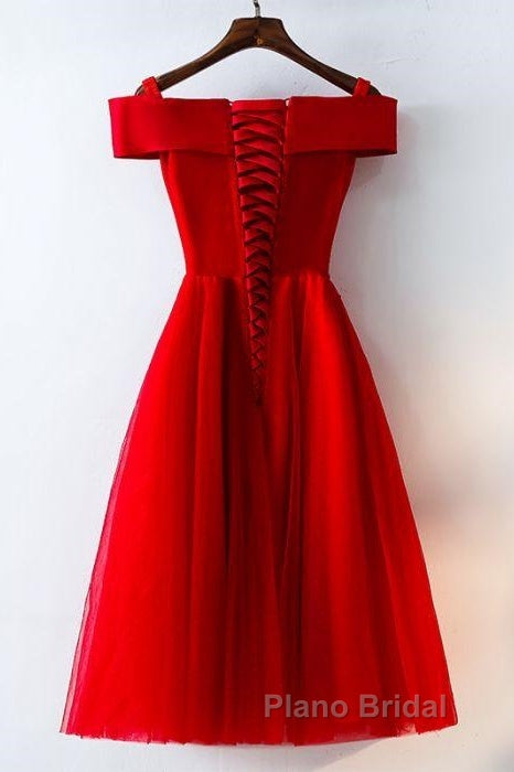 Cute A Line Off Shoulder Short Red Lace Formal Prom Dresses, Short Red Bridesmaid Dresses, Graduation Dresses Secondary image