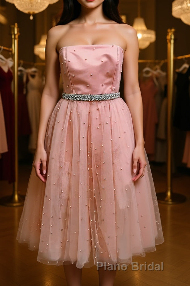 Cute A Line Strapless Beaded Pink Short Formal Prom Dress Homecoming Dress, Strapless Pink Formal Graduation Evening Dress Main image