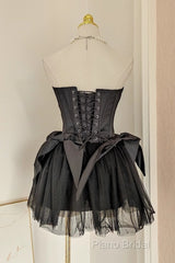 Cute A Line Strapless Black Travel Vacation Dresses Short Satin Birthday Dresses