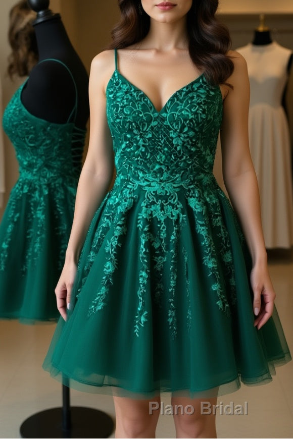 Cute A Line V Neck Backless Green Lace Formal Prom Dress, Short Backless Green Lace Formal Graduation Homecoming Dress Main image