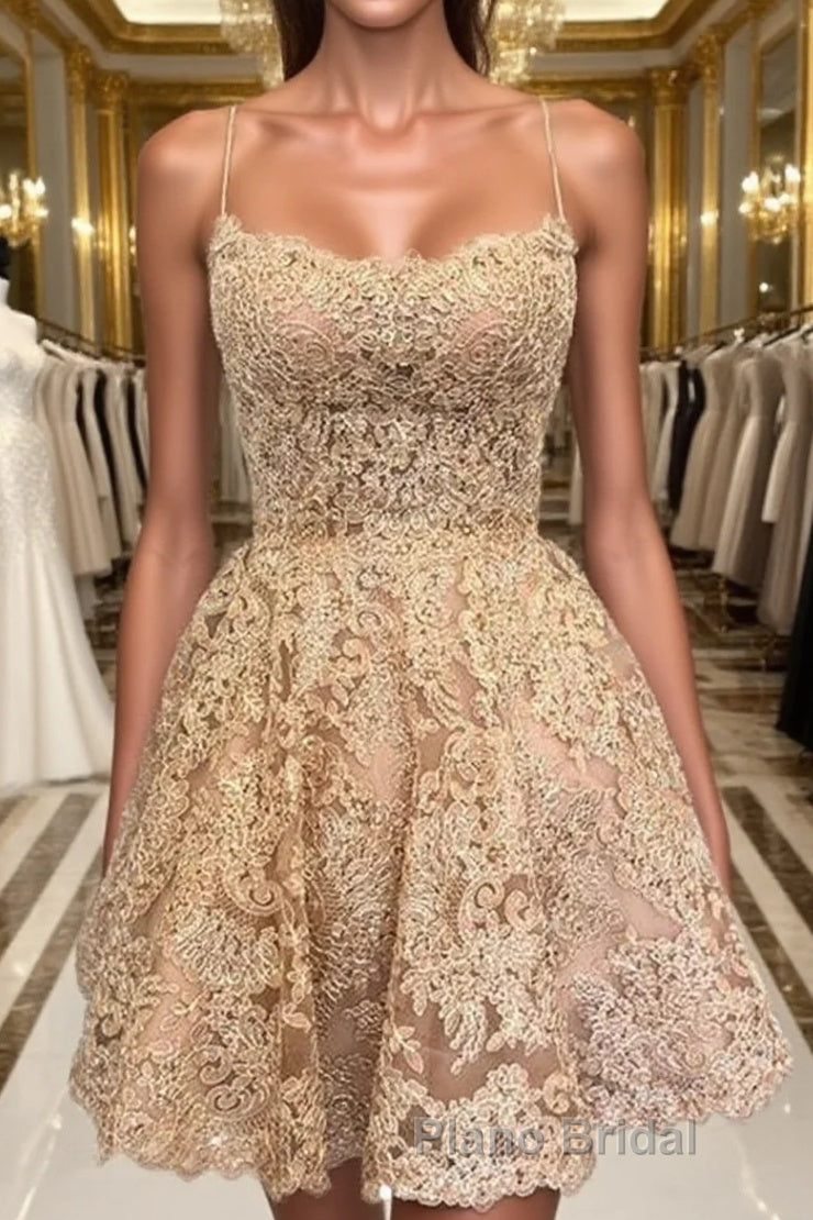 Cute Backless Short Golden Lace Formal Prom Dresses, Golden Lace Homecoming Dresses, Short Golden Formal Evening Dresses