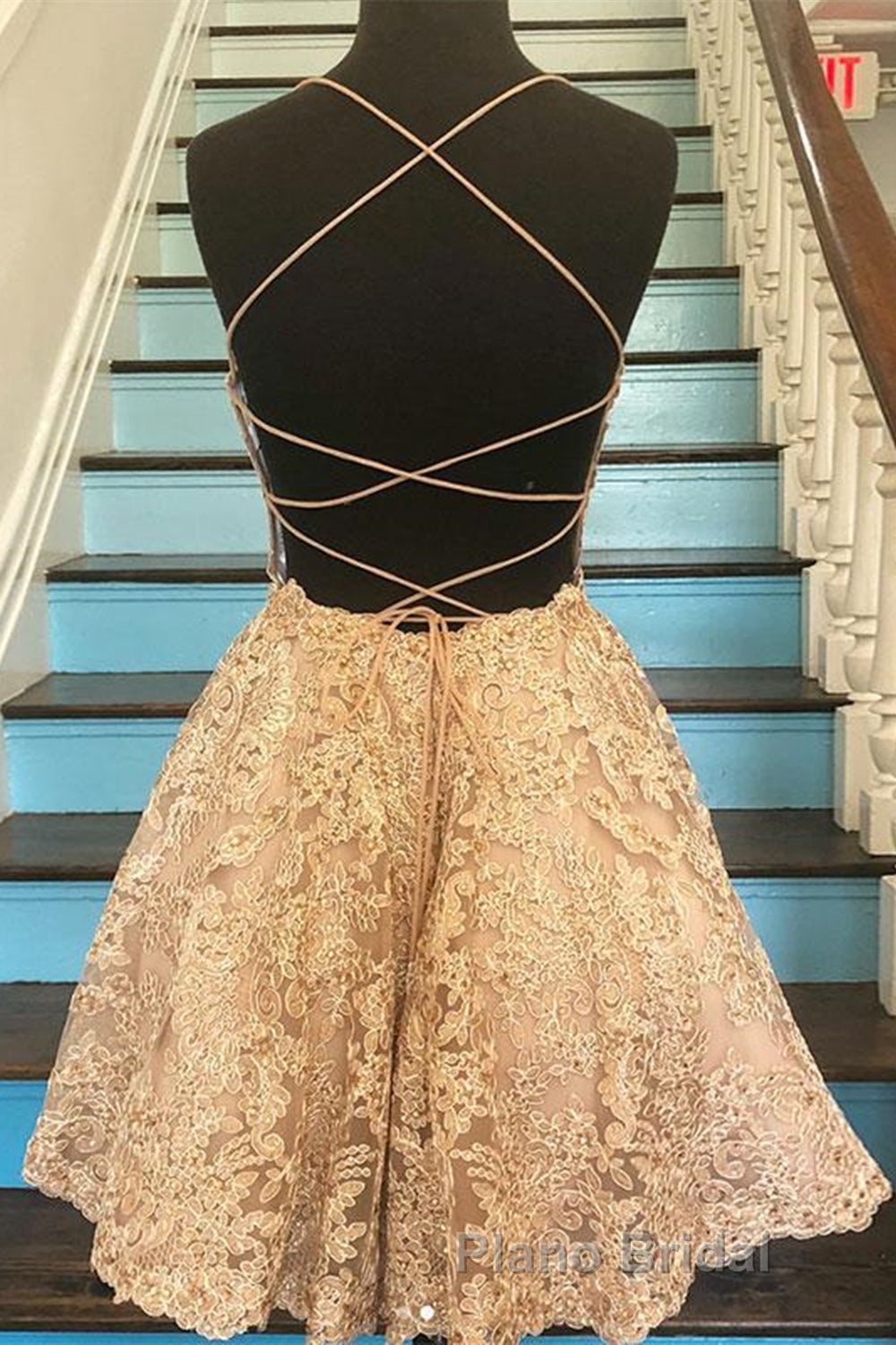 Cute Backless Short Golden Lace Formal Prom Dresses, Golden Lace Homecoming Dresses, Short Golden Formal Evening Dresses Secondary image