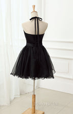 Cute Black Tulle Halter Short Homecoming Dresses, Black Formal Prom Dresses
