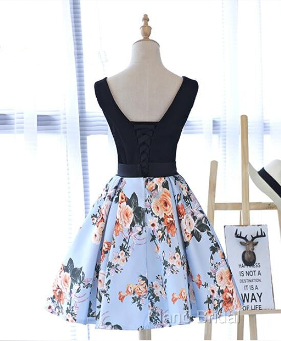 Cute Blue Floral And Black Satin Homecoming Dresses In Stock, Lovely Party Dresses For Teens