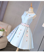 Cute Blue Satin Short Homecoming Dresses Party Dresses, Blue Formal Prom Dresses With Flowers