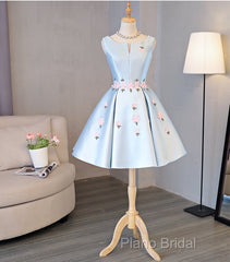Cute Blue Satin Short Homecoming Dresses Party Dresses, Blue Formal Prom Dresses With Flowers