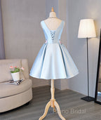 Cute Blue Satin Short Homecoming Dresses Party Dresses, Blue Formal Prom Dresses With Flowers