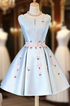 Cute Blue Satin Short Homecoming Dresses Party Dresses, Blue Formal Prom Dresses With Flowers