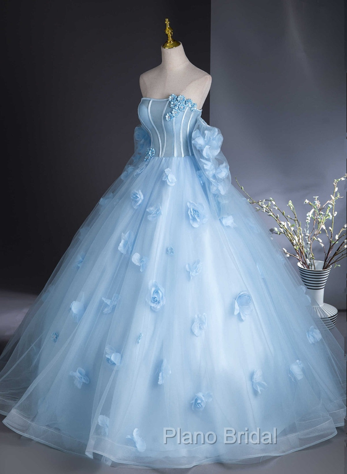 Cute Blue Tulle With Flowers Long Formal Dresses, Blue Evening Gown Sweet 16 Dresses Secondary image