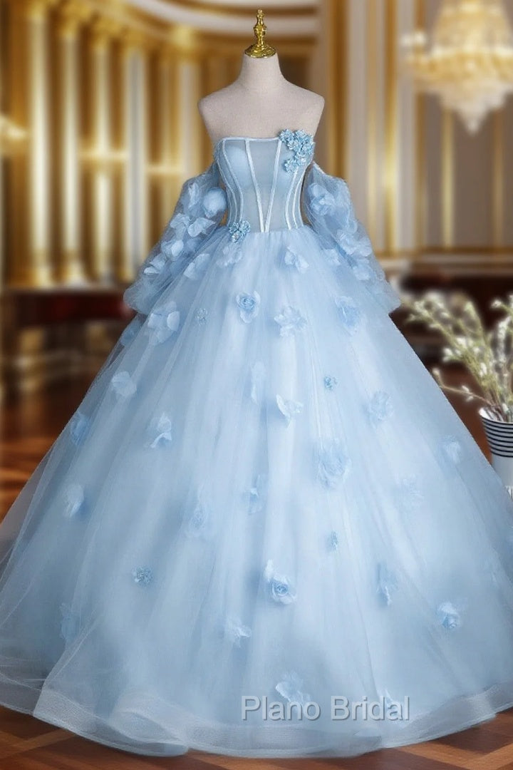 Cute Blue Tulle With Flowers Long Formal Dresses, Blue Evening Gown Sweet 16 Dresses Main image