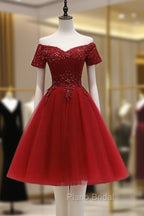 Cute Burgundy Off Shoulder Tulle Party Dresses, Wine Red Homecoming Dresses