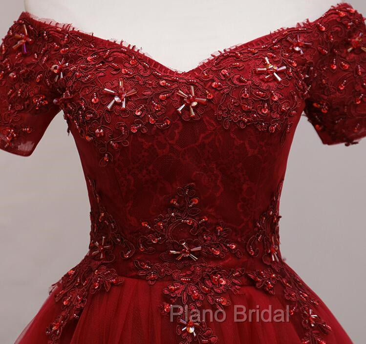 Cute Burgundy Off Shoulder Tulle Party Dresses, Wine Red Homecoming Dresses