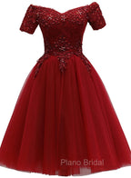 Cute Burgundy Off Shoulder Tulle Party Dresses, Wine Red Homecoming Dresses