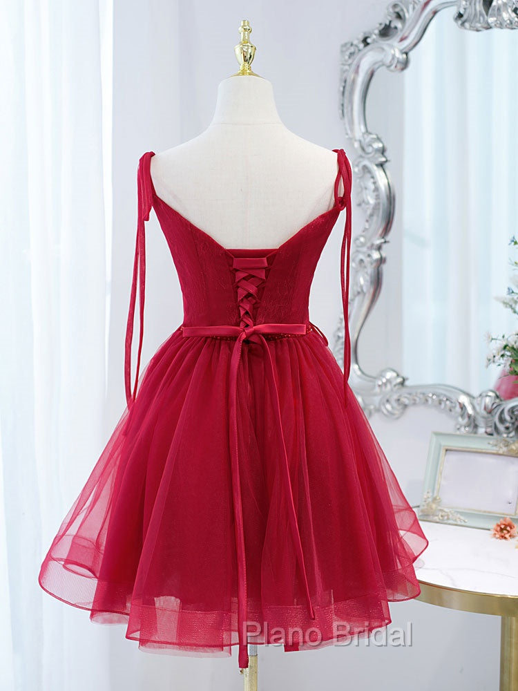 Cute Burgundy Tulle Lace Short Formal Prom Dresses, Lace Burgundy Puffy Homecoming Dresses