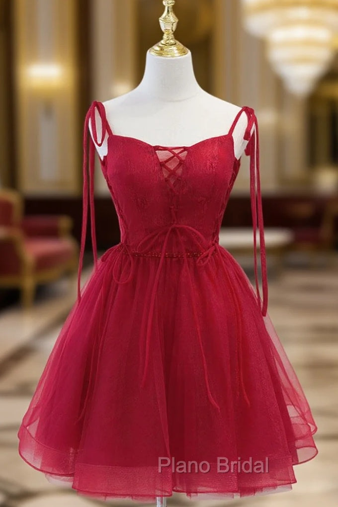 Cute Burgundy Tulle Lace Short Formal Prom Dresses, Lace Burgundy Puffy Homecoming Dresses