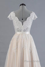 Cute Cap Sleeve V-neck Lace Tulle Wedding Dress