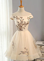 Cute Champagne Off Shoulder Knee Length Formal Prom Dresses , Lovely Formal Dresses