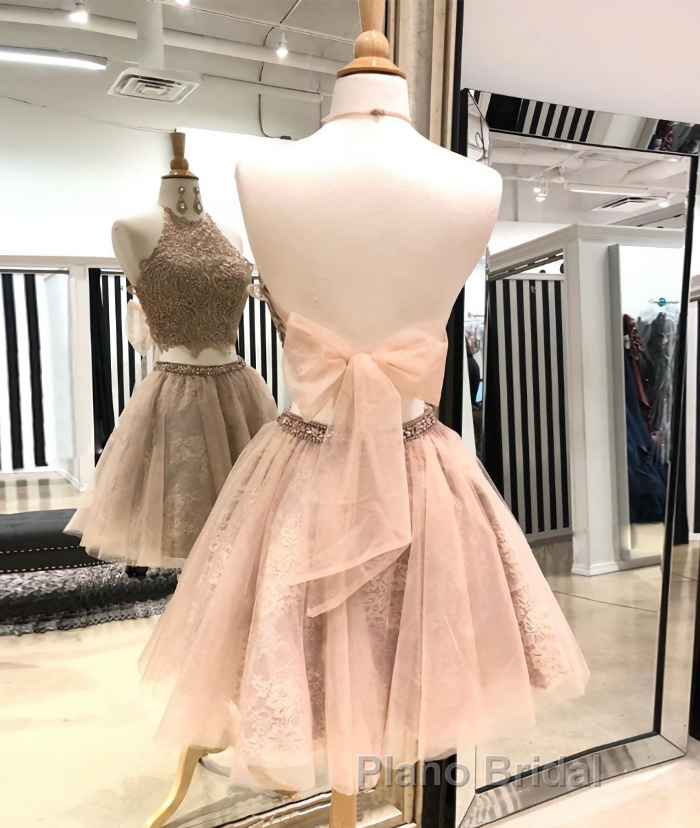 Cute champagne tulle lace short Formal Prom dress, homecoming dress