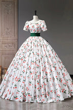 Cute Cherry Pattern Long Princess Formal Prom Dresses, White A-Line Formal Party Dresses