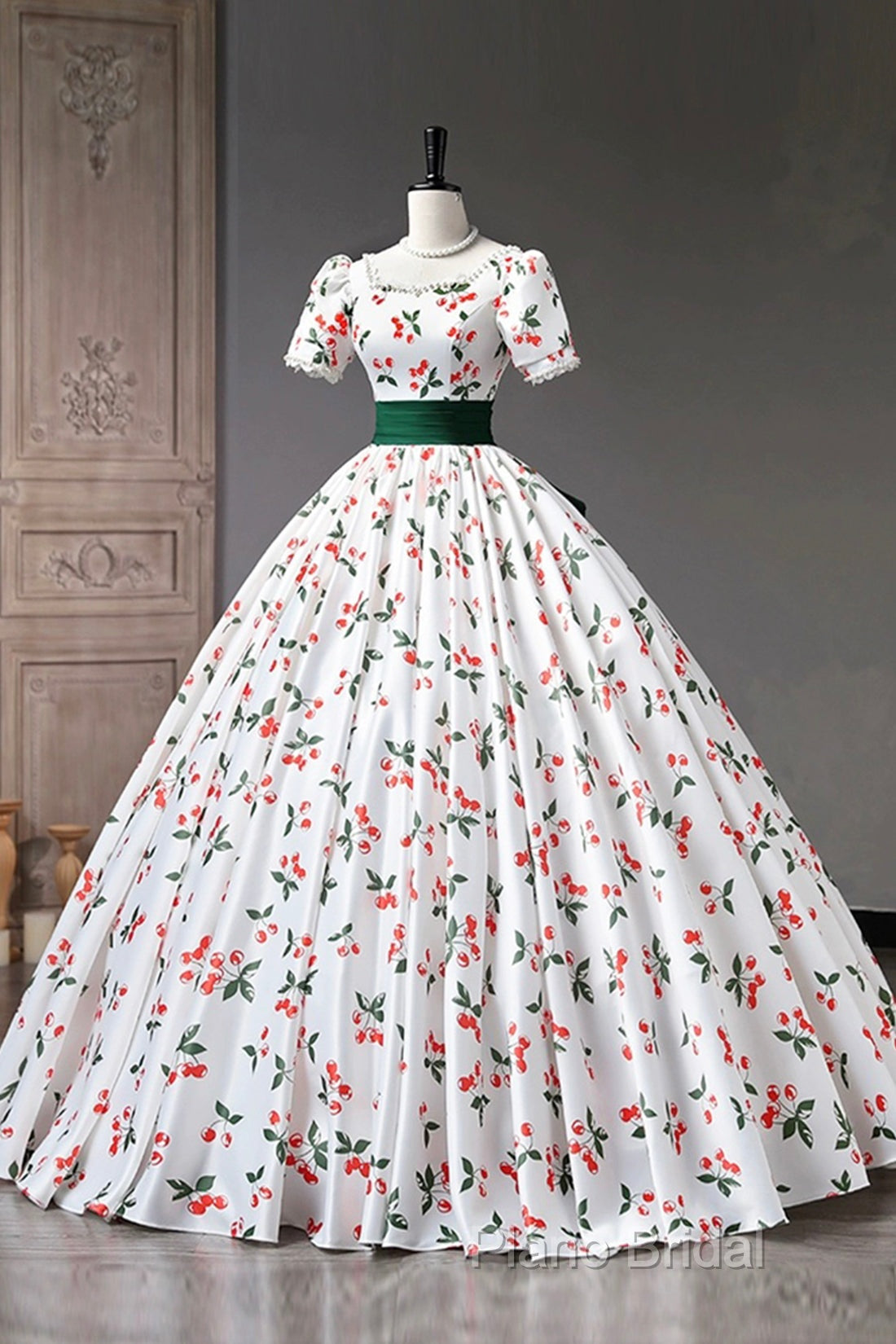 Cute Cherry Pattern Long Princess Formal Prom Dresses, White A-Line Formal Party Dresses