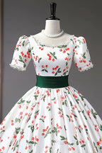 Cute Cherry Pattern Long Princess Formal Prom Dresses, White A-Line Formal Party Dresses