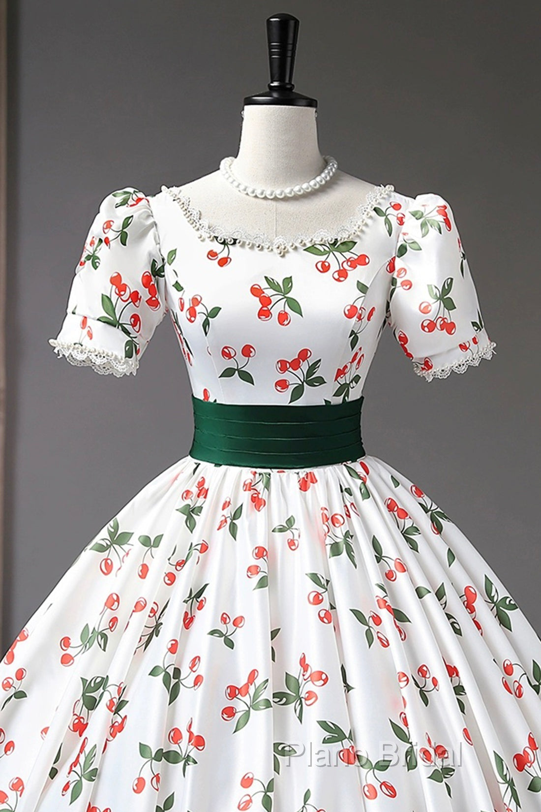Cute Cherry Pattern Long Princess Formal Prom Dresses, White A-Line Formal Party Dresses