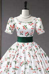 Cute Cherry Pattern Long Princess Formal Prom Dresses, White A-Line Formal Party Dresses