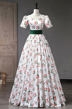 Cute Cherry Pattern Long Princess Formal Prom Dresses, White A-Line Formal Party Dresses