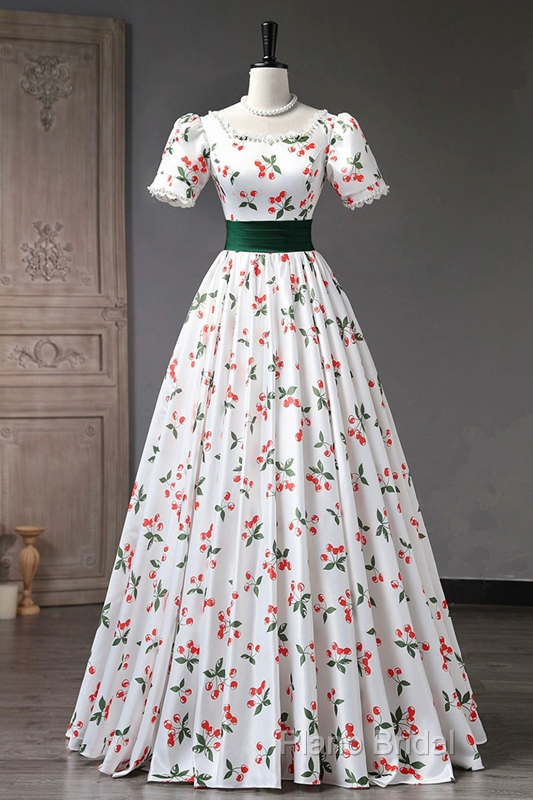 Cute Cherry Pattern Long Princess Formal Prom Dresses, White A-Line Formal Party Dresses