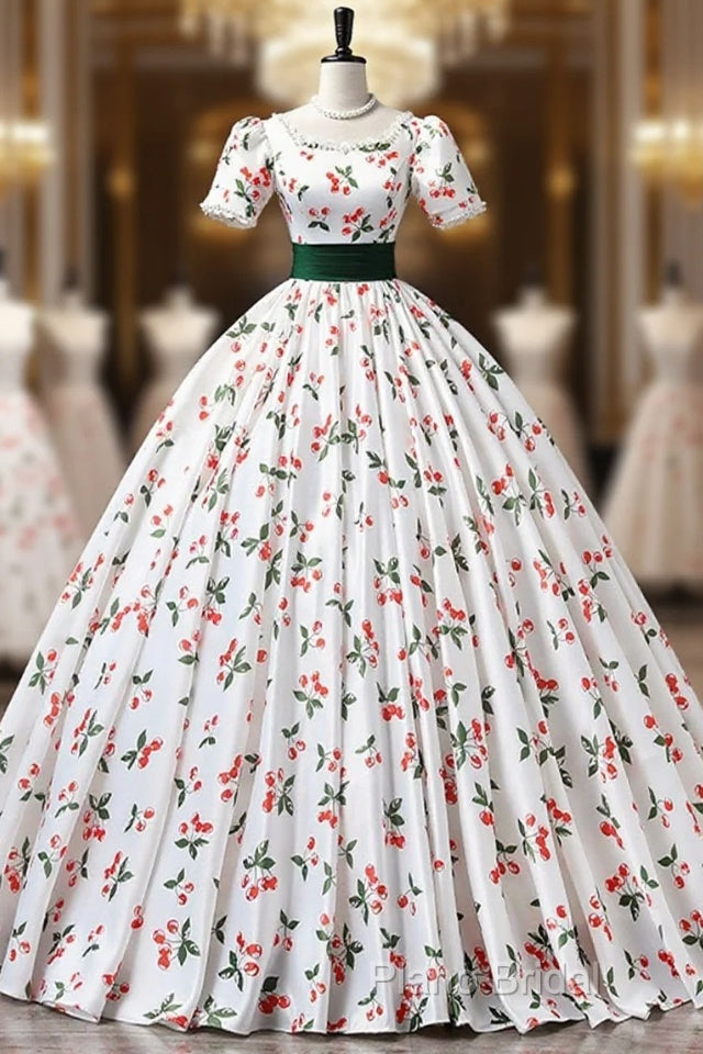 Cute Cherry Pattern Long Princess Formal Prom Dresses, White A-Line Formal Party Dresses Main image