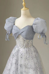 Cute Floral Printed Long Formal Prom Dresses  A Line Puff Sleeves Blue Party Gown